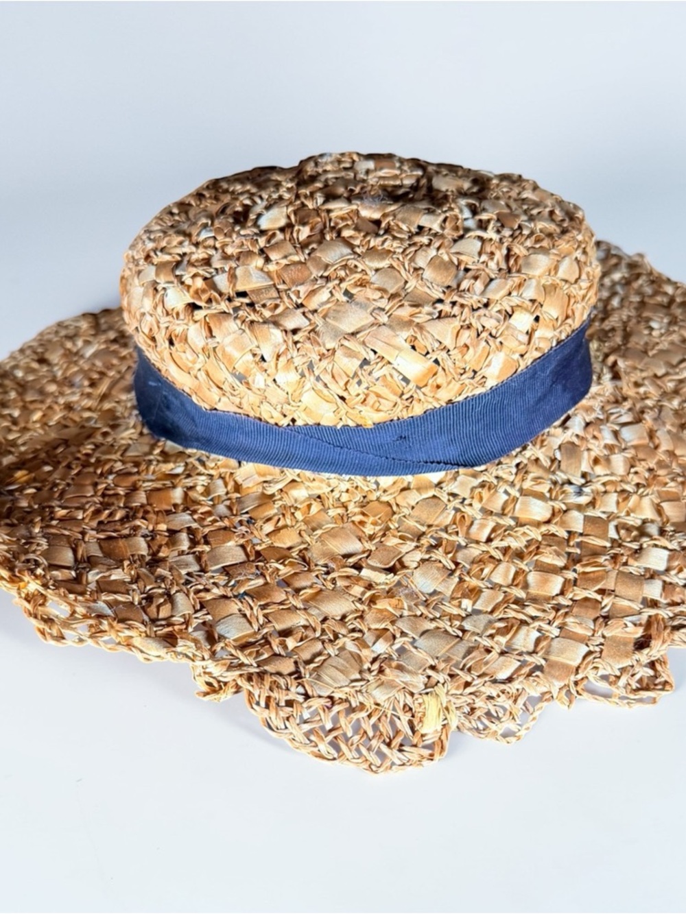 1950’s Woven Straw Sun Hat with Navy Band - Natural